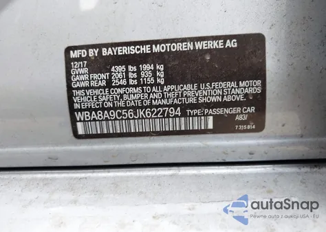 2018 BMW 320 I z USA, uszkodzony, nr VIN WBA8A9C56JK622794